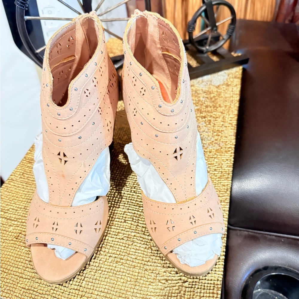 Sugar Peach Laser-Cut Peep-Toe Ankle Booties